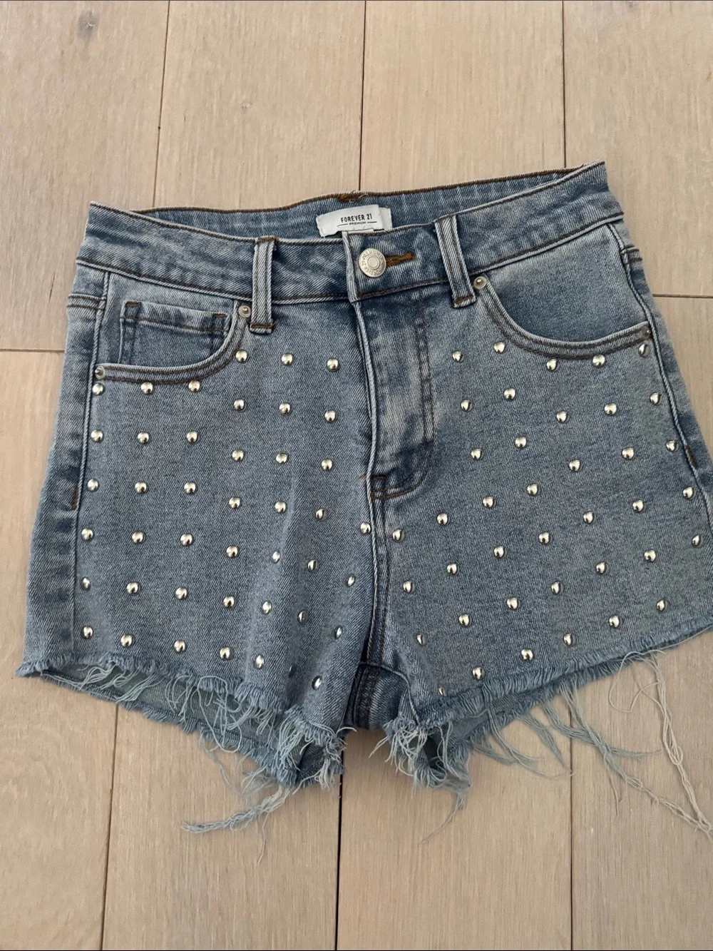 Forever 21 Light Blue Studded High-Rise Denim Shorts